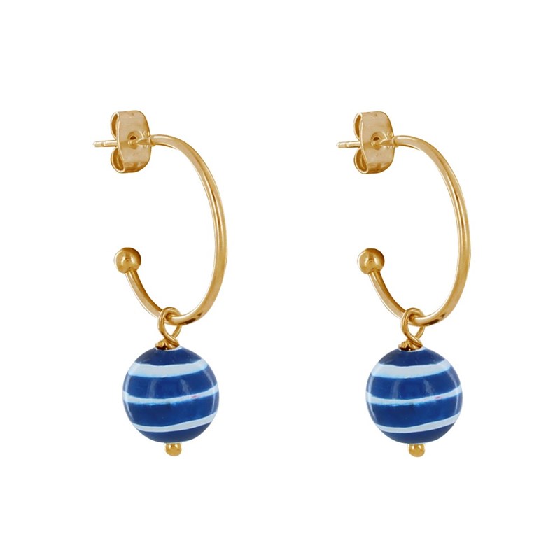 Boucles d'Oreilles Demi Créoles Métal Perles en Bois Marinière Bleu - vue 2