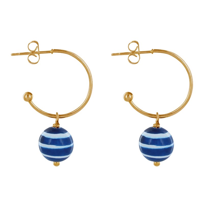 Boucles d'Oreilles Demi Créoles Métal Perles en Bois Marinière Bleu - vue 3