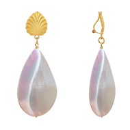 Boucles d'Oreilles Clip Laiton Feuille et Grande Goutte de Nacre