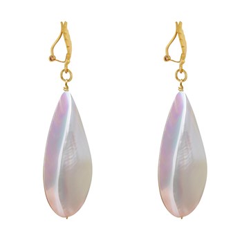 Clip Earrings Brass Leaf and Large Mother-of-Pearl Drop