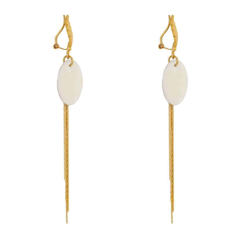 Boucles d'Oreilles Clip Laiton Feuille Pastille Émaillée et Fils Pendants - vue 3