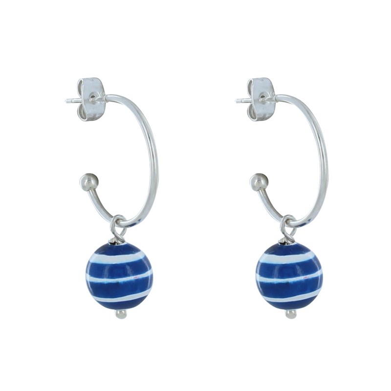 Boucles d'Oreilles Demi Créoles Métal Perles en Bois Marinière Bleu - vue 2