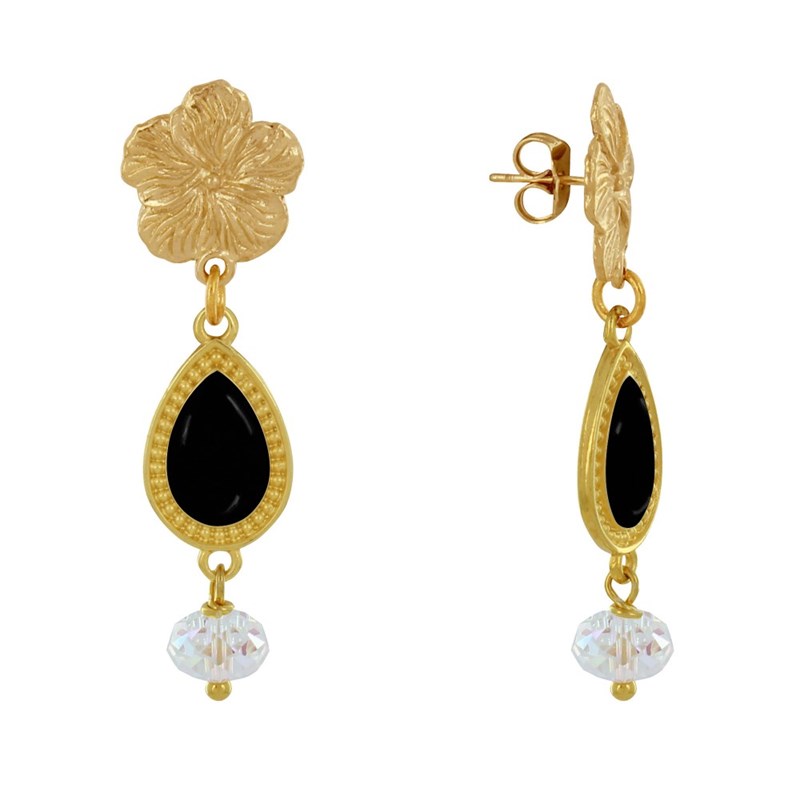 Boucles d'Oreilles Clous Métal Doré Fleur Goutte Émaillée et Perle Facettée