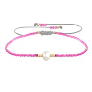 Bracelet Lien Perle d'Eau Douce Blanche et Petites Perles Brillantes - Rose Fluo
