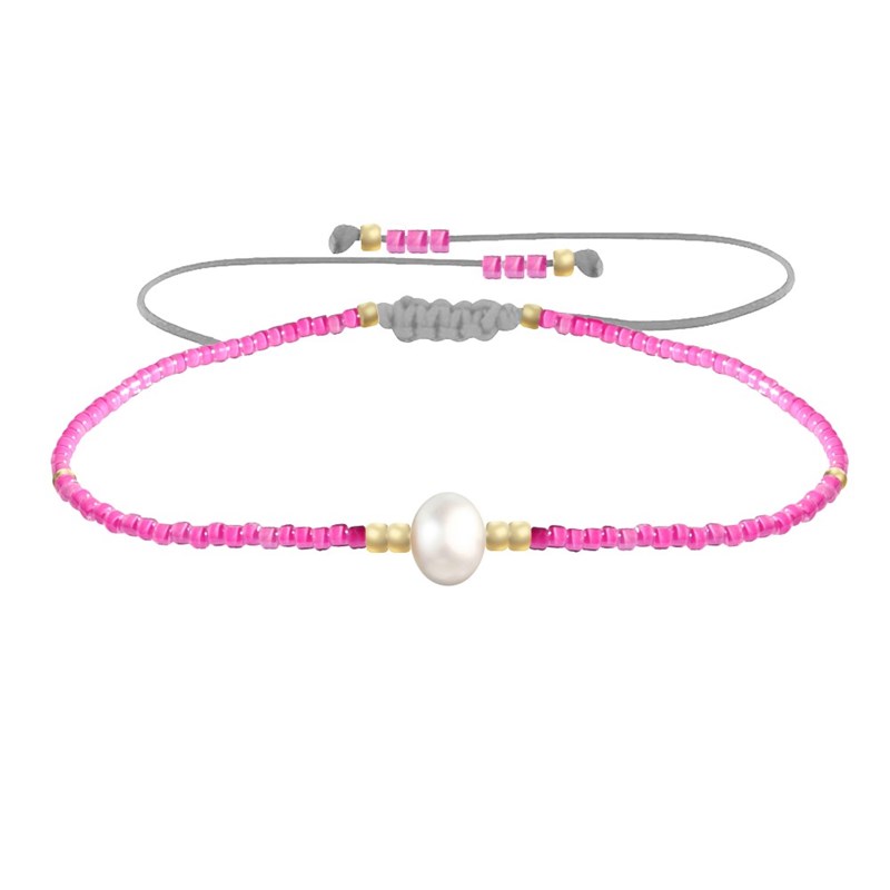 Bracelet Lien Perle d'Eau Douce Blanche et Petites Perles Brillantes - Rose Fluo