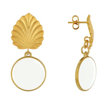 Stud Earrings Brass Leaf and Enameled Disc