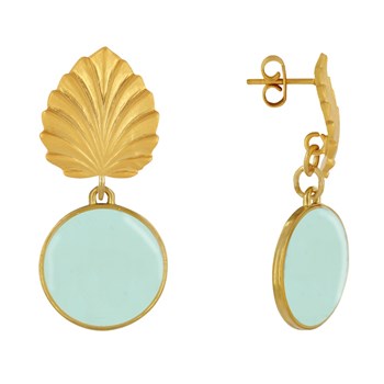 Stud Earrings Brass Leaf and Enameled Disc