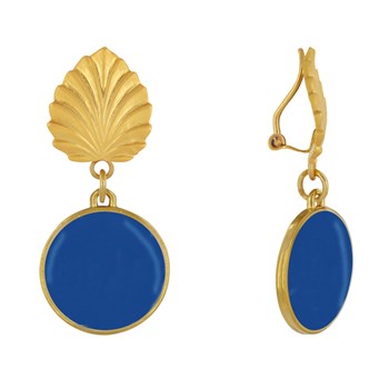 Earrings Clips Brass Leaf and Enameled Disc