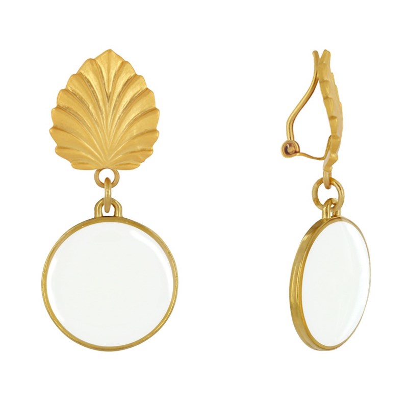 Boucles d'Oreilles Clips Laiton Feuille et Disque Émaillé