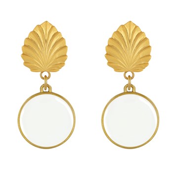 Earrings Clips Brass Leaf and Enameled Disc