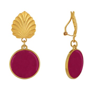 Earrings Clips Brass Leaf and Enameled Disc
