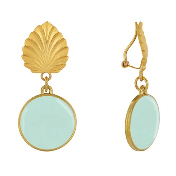 Earrings Clips Brass Leaf and Enameled Disc