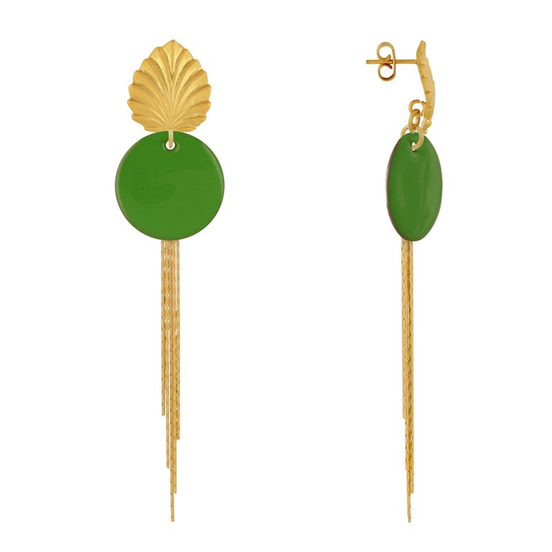 Boucles d'Oreilles Clous Laiton Feuille Pastille Émaillée et Fils Pendants