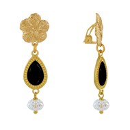 Boucles d'Oreilles Clip Métal Doré Fleur Goutte Émaillée et Perle Facettée