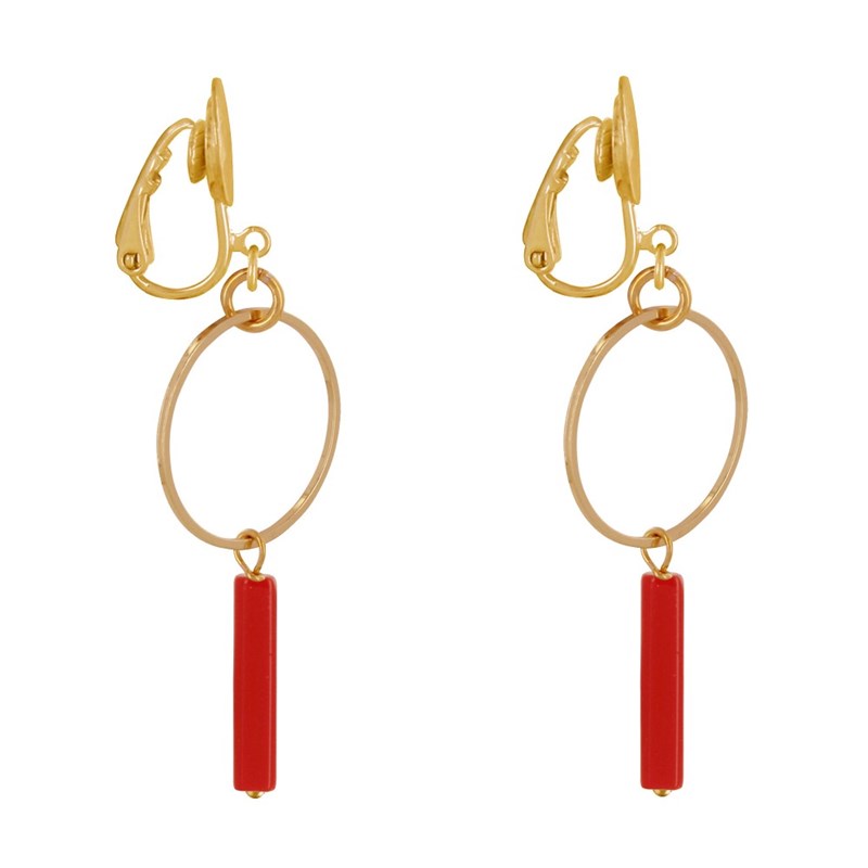 Boucles d'Oreilles Clip Doré Cercle et Perle Rectangulaire Brillante - vue 3
