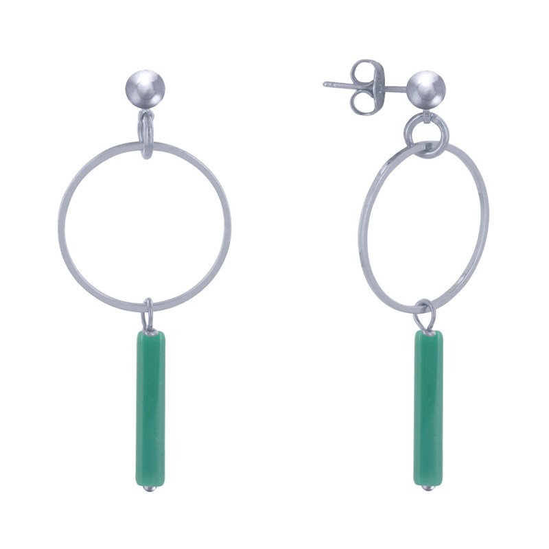 Boucles d'Oreilles Clous Argenté Cercle et Perle Rectangulaire Brillante