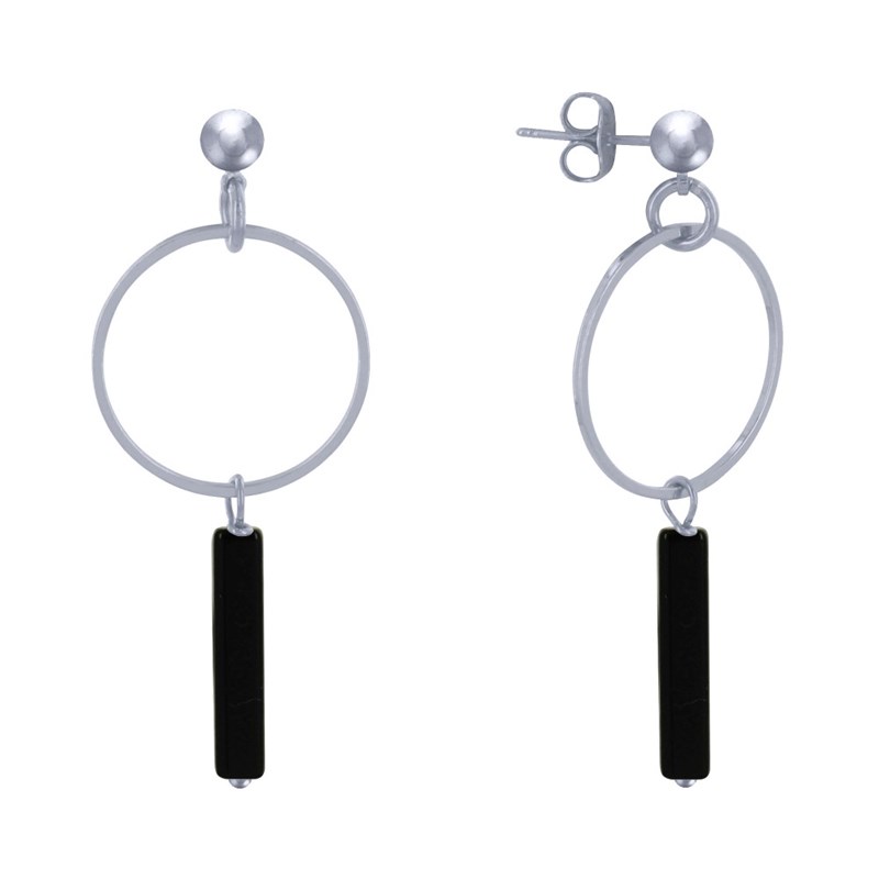 Boucles d'Oreilles Clous Argenté Cercle et Perle Rectangulaire Brillante