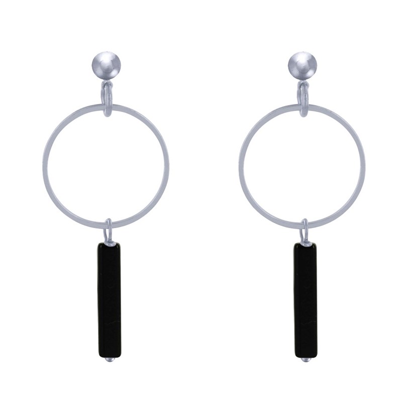 Boucles d'Oreilles Clous Argenté Cercle et Perle Rectangulaire Brillante - vue 2