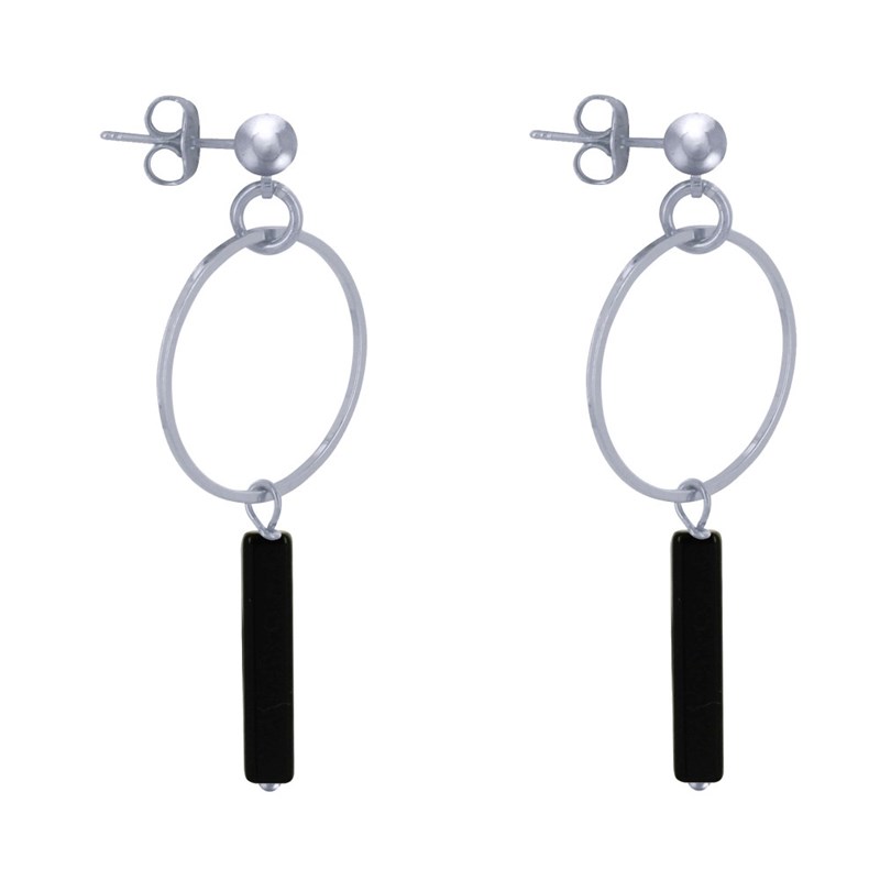 Boucles d'Oreilles Clous Argenté Cercle et Perle Rectangulaire Brillante - vue 3