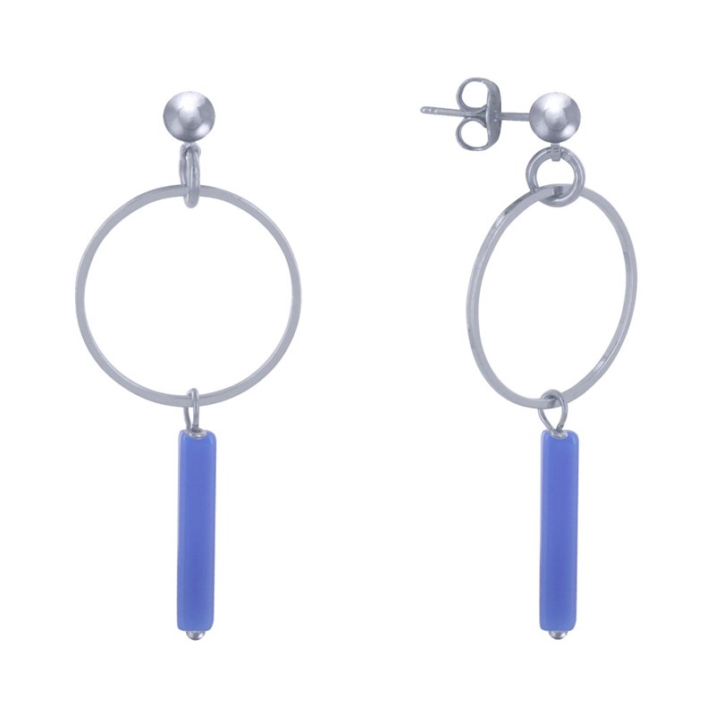 Boucles d'Oreilles Clous Argenté Cercle et Perle Rectangulaire Brillante