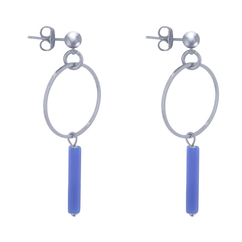 Boucles d'Oreilles Clous Argenté Cercle et Perle Rectangulaire Brillante - vue 3