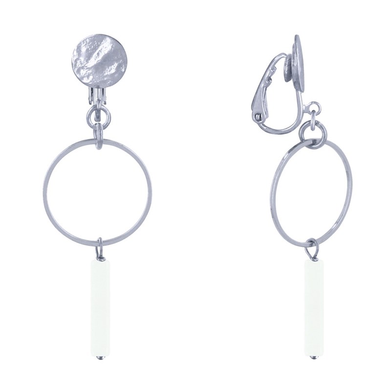 Boucles d'Oreilles Clip Argenté Cercle et Perle Rectangulaire Brillante