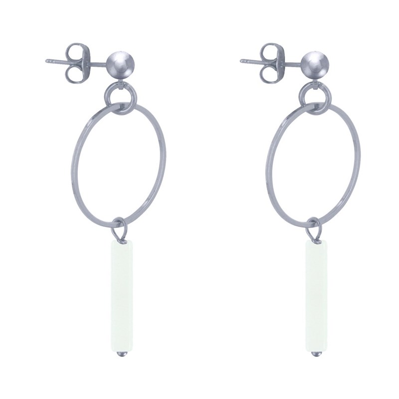 Boucles d'Oreilles Clip Argenté Cercle et Perle Rectangulaire Brillante - vue 3