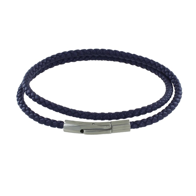 Bracelet Homme Double Tour Cuir Tréssé Rond pour Poignet 19cm - Bleu Nuit