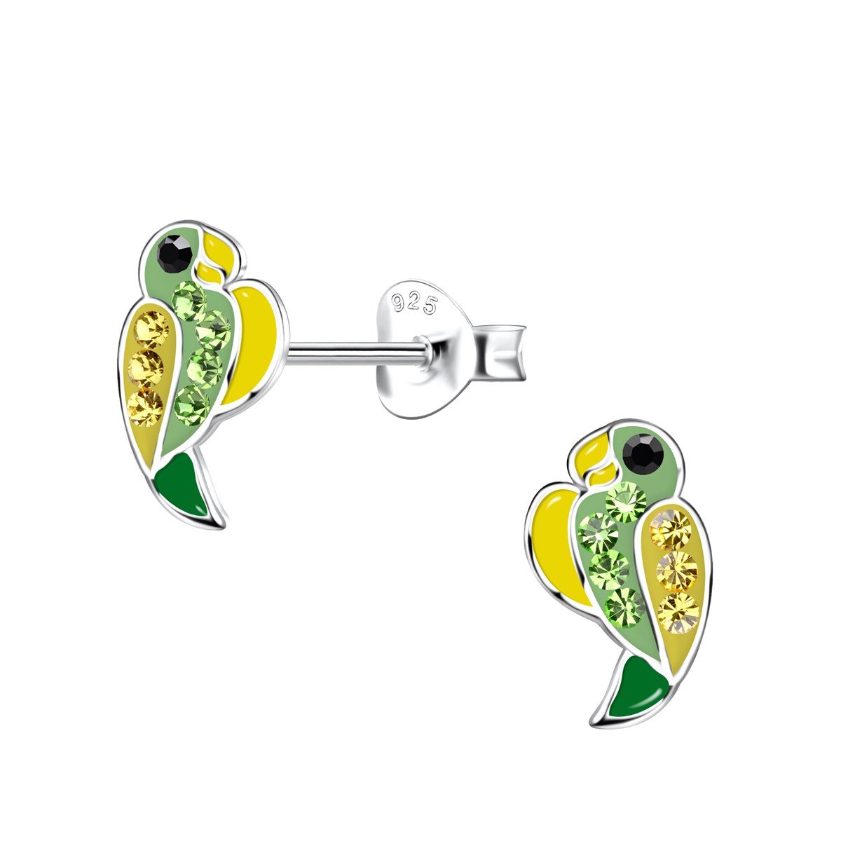 Boucles d'oreilles enfant perroquet en argent 925 avec cristaux