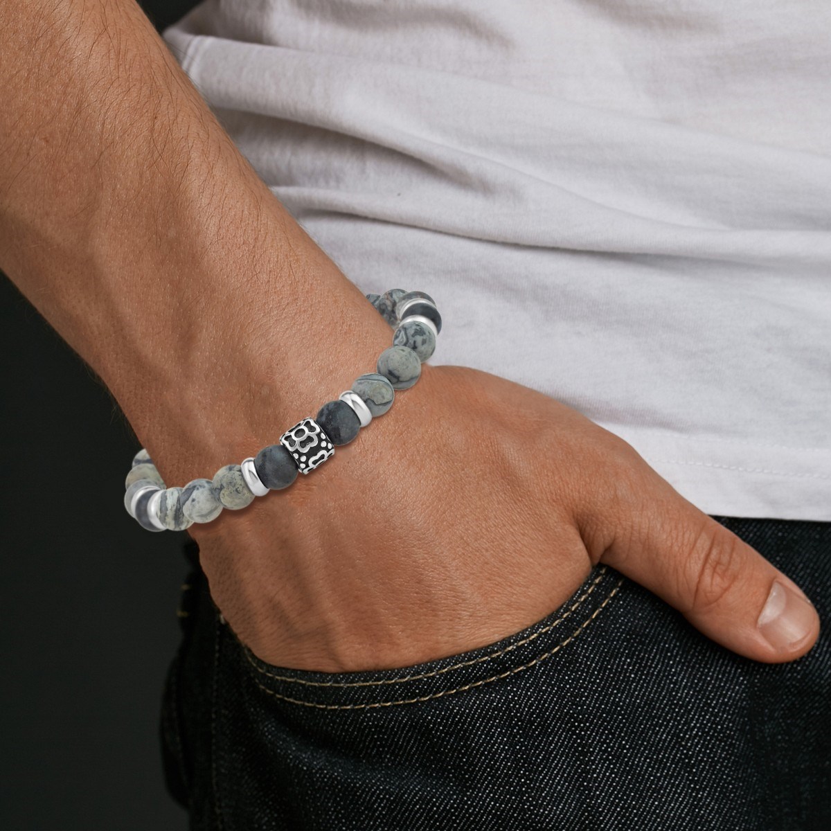 Bracelet homme SC Crystal orné de jaspe gris et agate noire - vue 2