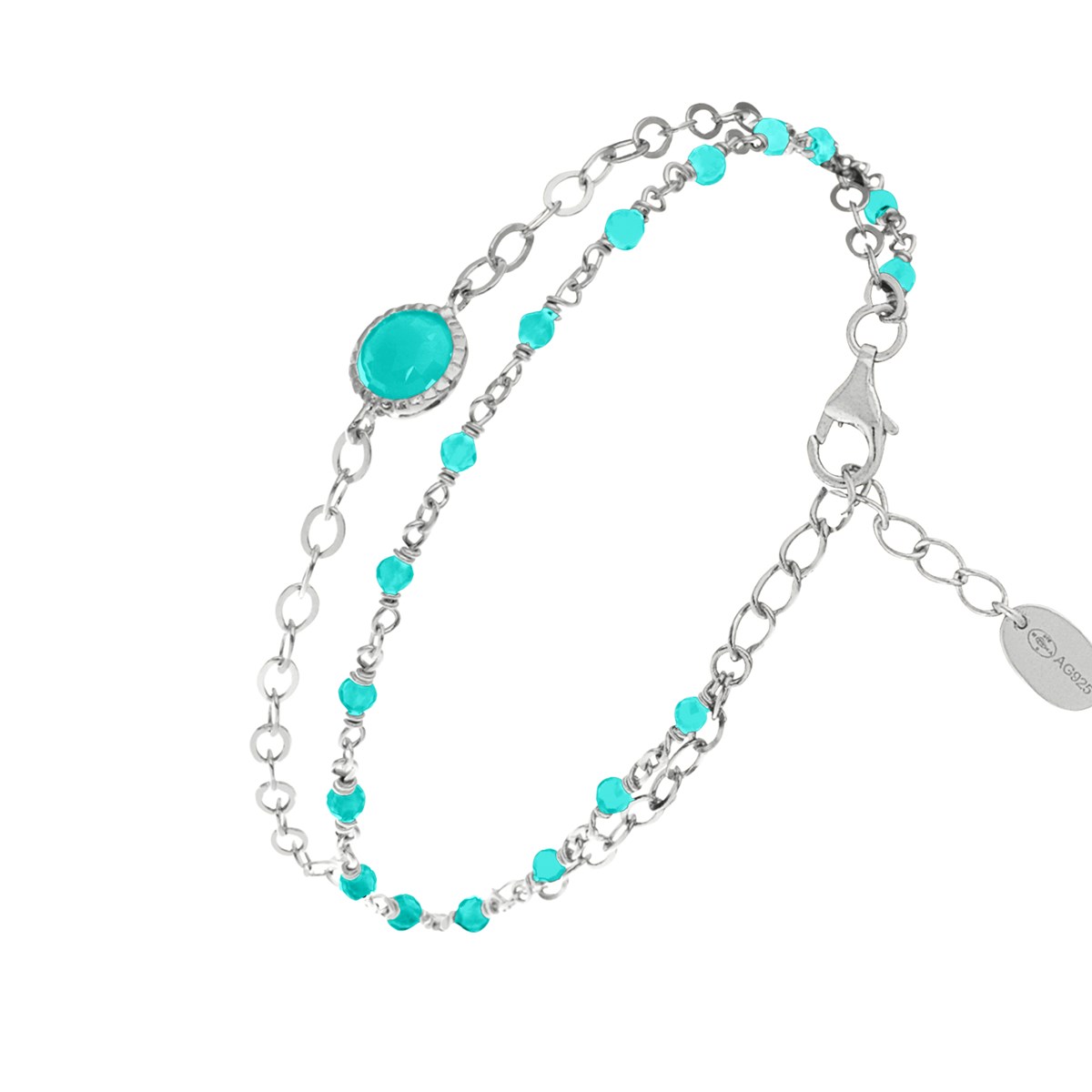 Bracelet En Argent Rhodié Double Chaine Pierres Naturelles Amazonite Médaillon Amazonite