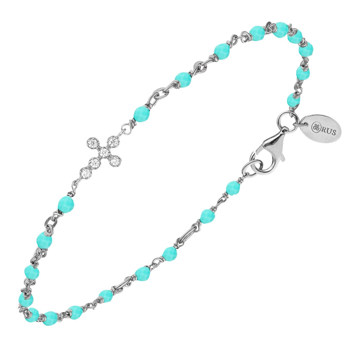 Bracelet Argent Rhodié Croix Zirconium Blanc Et Pierres Amazonite