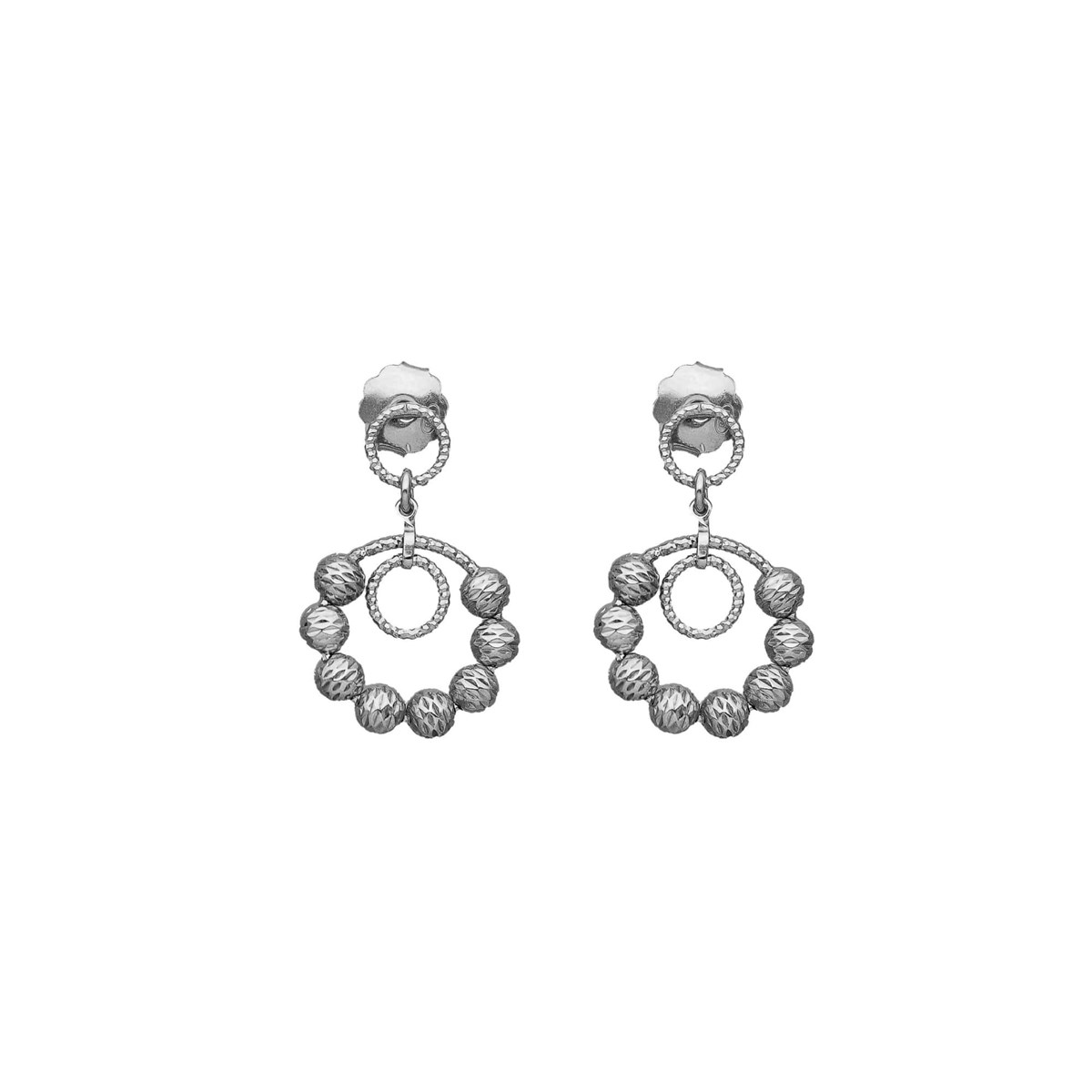 Boucles D'oreilles Argent Rhodié Doubles Chaînes Cercle Avec Boules Effet Diamanté