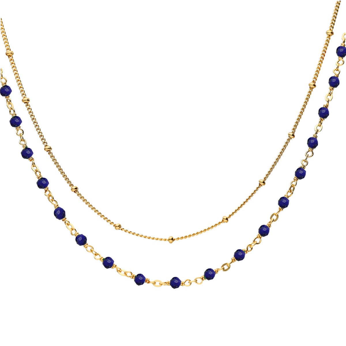 Collier Argent Doré Double Chaine Et Pierres Naturelles Lapis