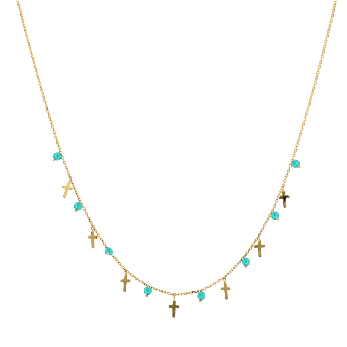 Collier Argent Doré Petites Croix Et Pierres Naturelles Turquoise