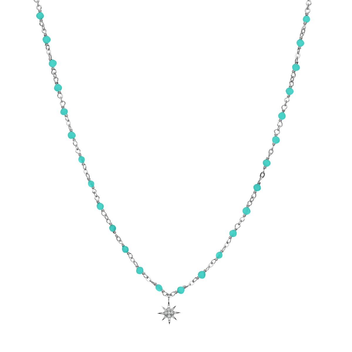 Collier Argent Rhodié étoile En Zirconium Blanc Et Perles Naturelles Amazonite