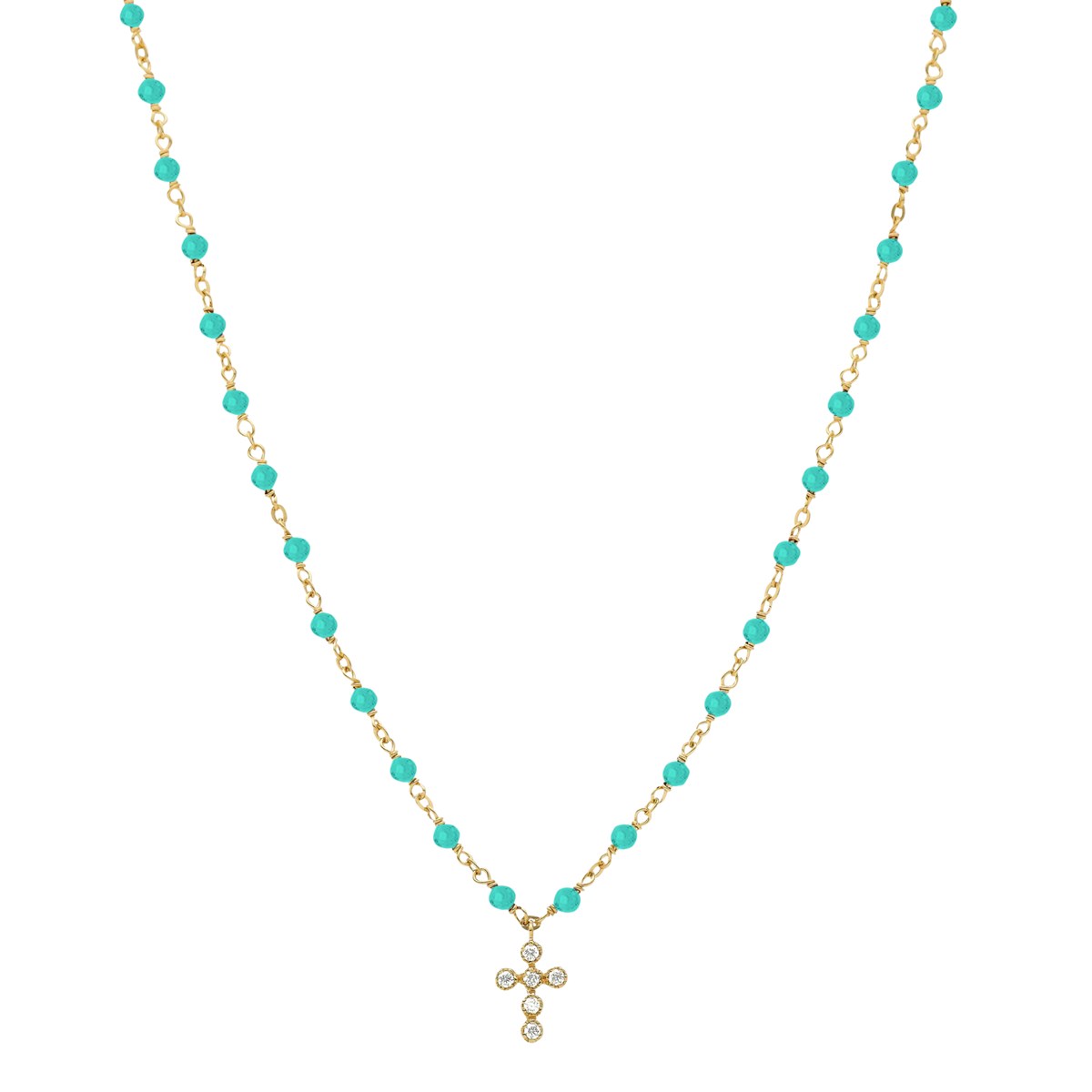 Collier Argent Doré Croix En Zirconium Blanc Et Pierres Amazonite