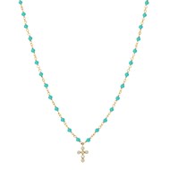 Collier Argent Doré Croix En Zirconium Blanc Et Pierres Turquoise