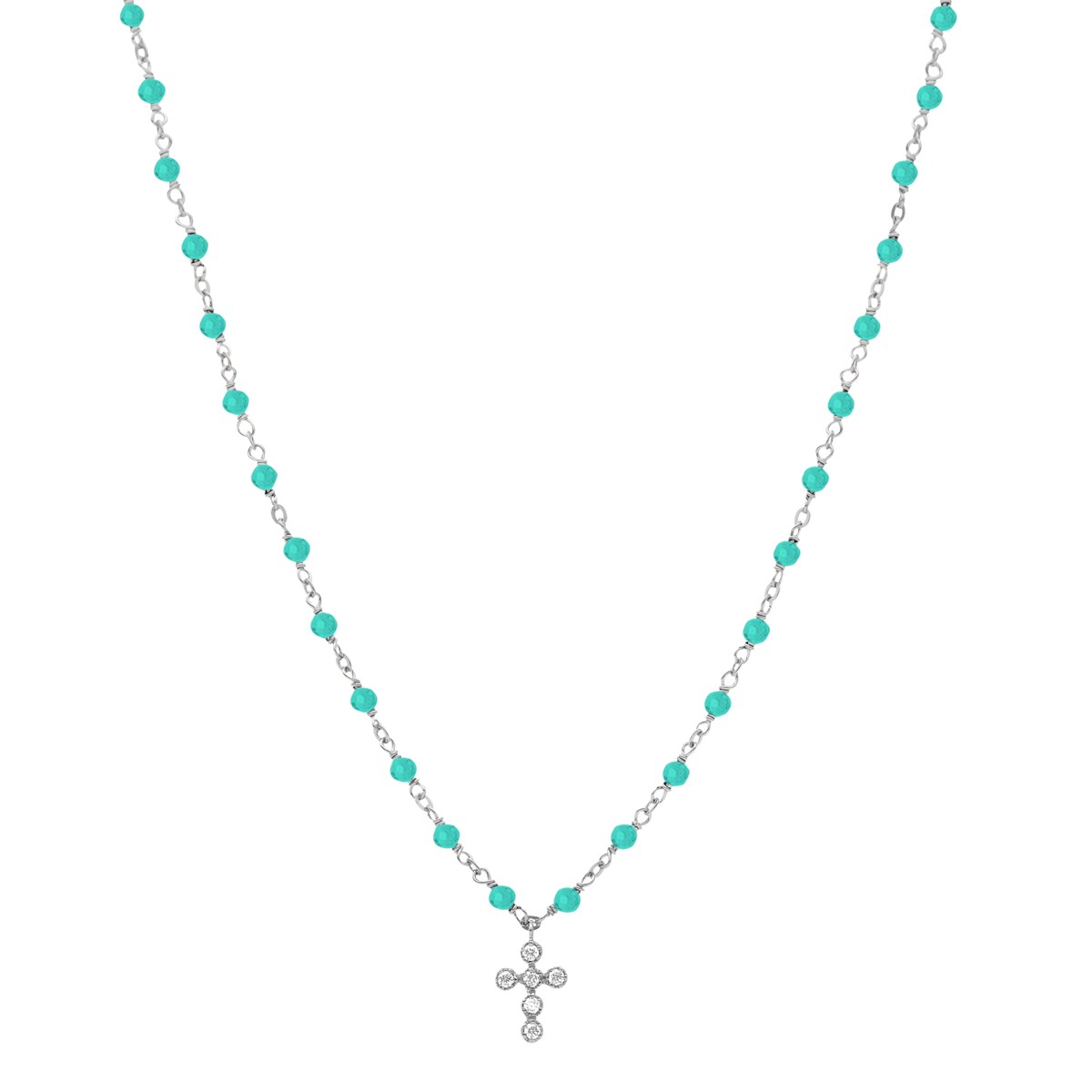 Collier Argent Rhodié Croix En Zirconium Blanc Et Pierres Amazonite