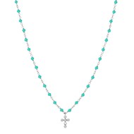 Collier Argent Rhodié Croix En Zirconium Blanc Et Pierres Amazonite