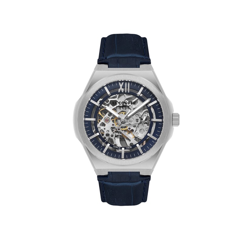 ARTHUR - Montre Homme - Boitier en métal argenté - Bracelet en cuir bleu - Analogique