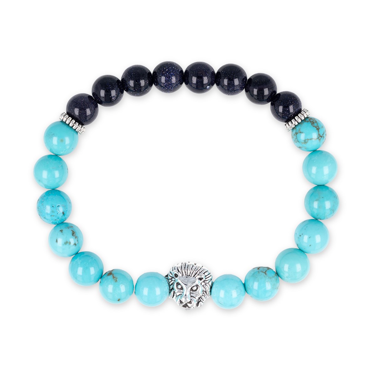 Bracelet réglable pierres onyx+turquoise et acier tête de lion