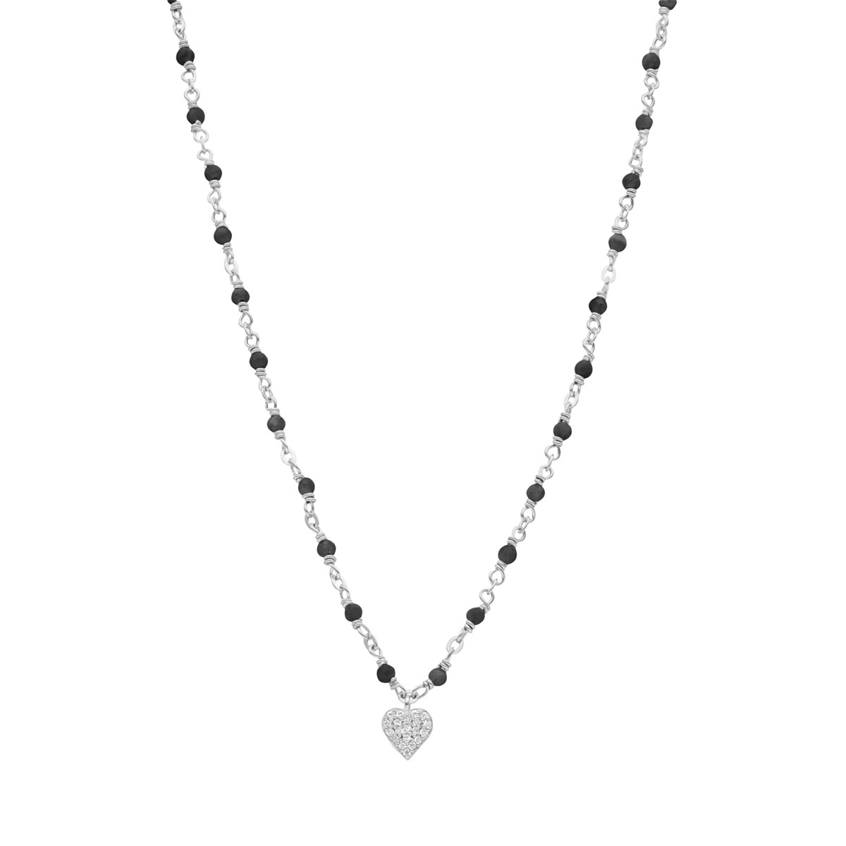 Collier Argent Rhodié Coeur Diamanté Et Pierres Spinelle Noire