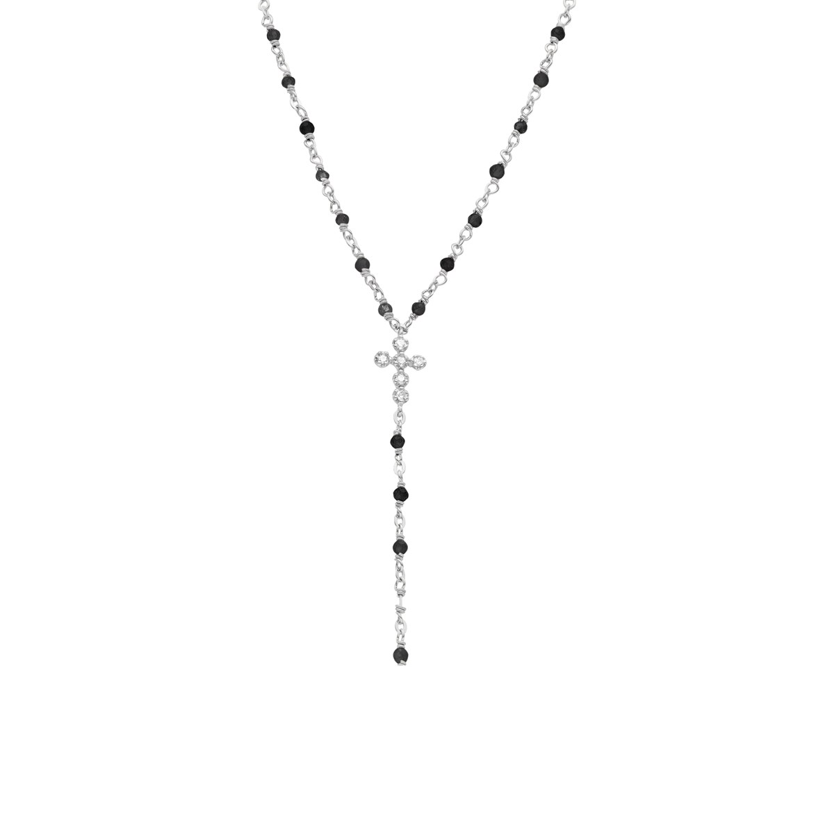 Collier Argent Rhodié Cravate Croix Et Pierres Spinelle Noire