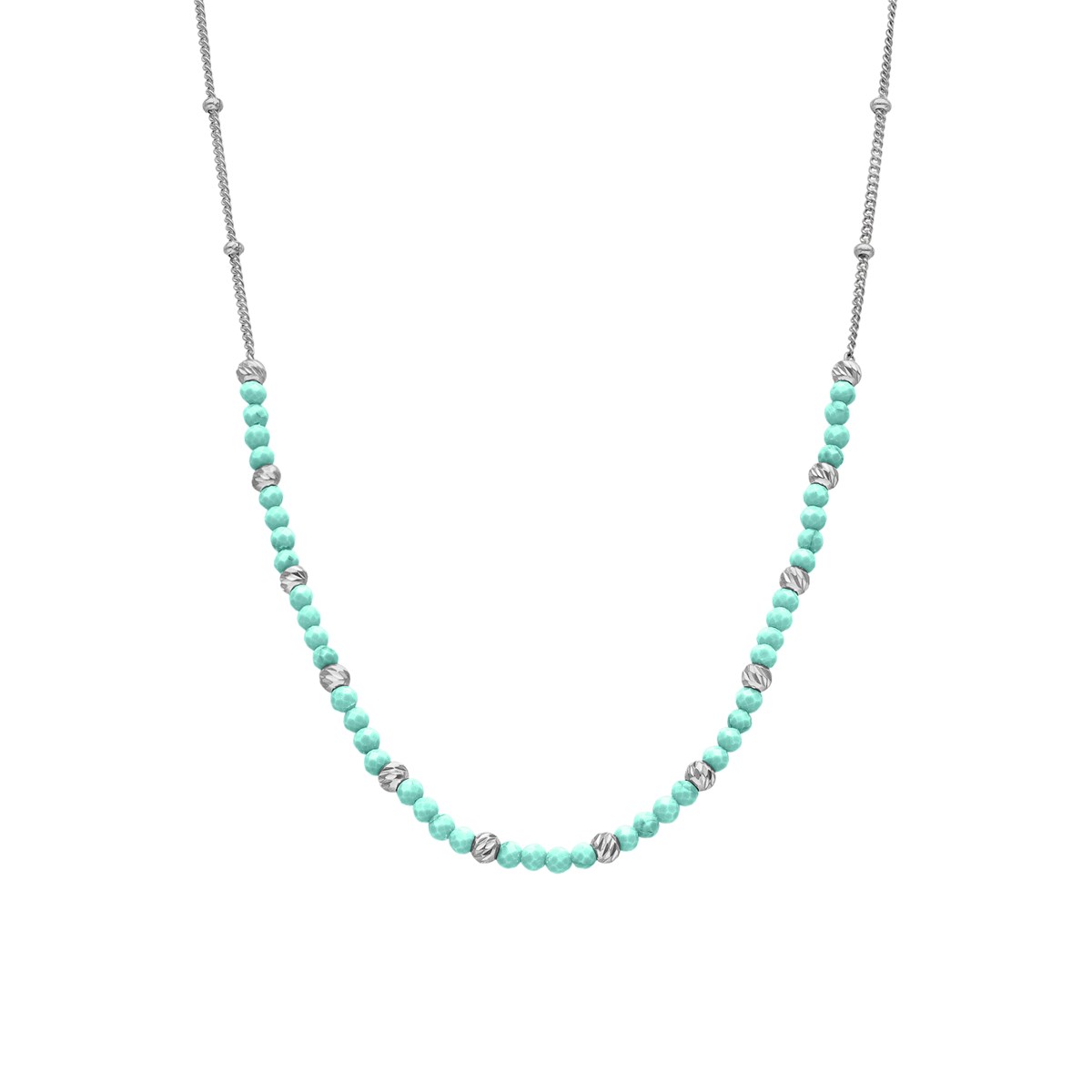 Collier Argent Rhodié Perles Rhodié Et Pierres Amazonite