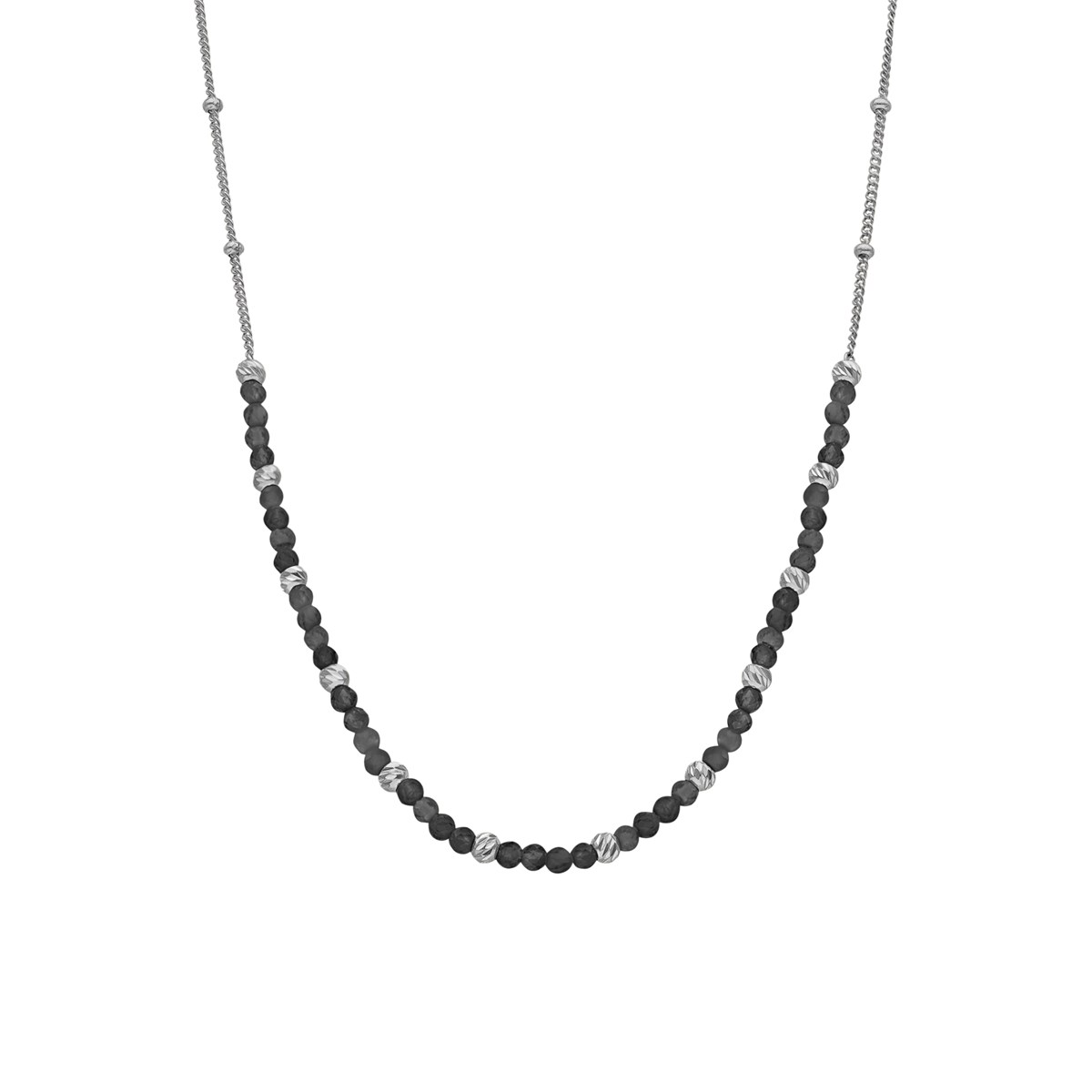 Collier Argent Rhodié Perles Rhodié Et Pierres Spinelle Noire