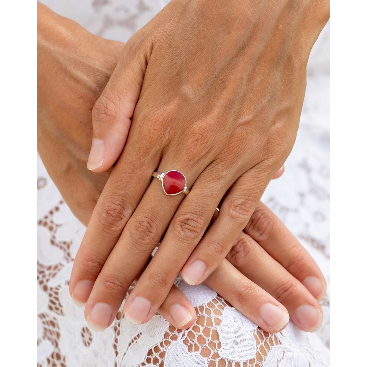 Bague Selena Argent 925 et Corail Naturel | Bijou Artisanal Forme Goutte | ADEN - vue 2