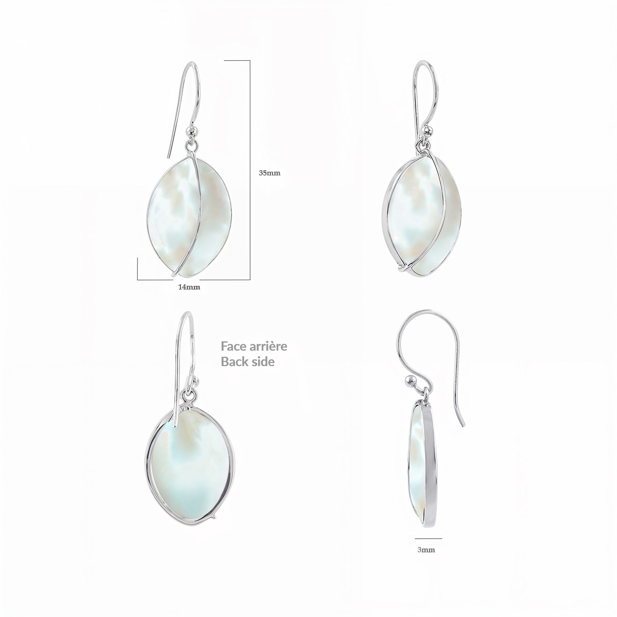 Boucles d'Oreilles Adara Argent 925 et Nacre Blanche | ADEN Design Feuille | Bijou Élégant - vue 2