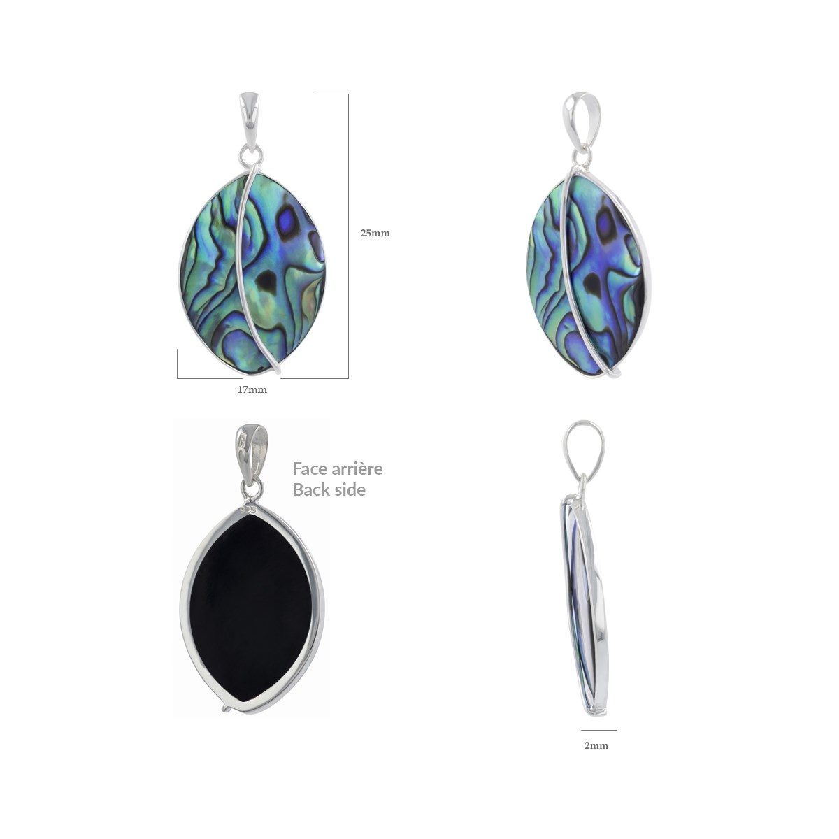 Pendentif Adara Argent 925 et Nacre Abalone | ADEN Design Feuille | Bijou Irisé - vue 2