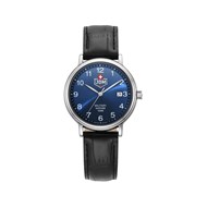 KILO - Boitier argenté - Bracelet cuir noir - Cadran bleu - Montre homme